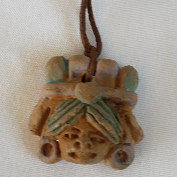 Pottery Aztec Head Bust Necklace Vintage Handcrafted Leather Knotted Cord - Picture 7 of 9